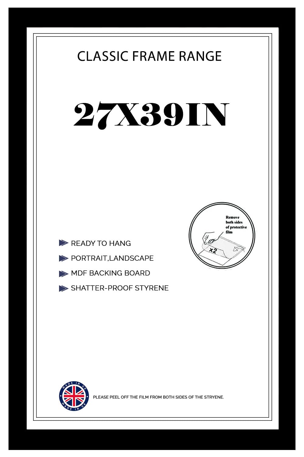 Large Matt Black Poster Frame 39x27 in Jigsaw Puzzles Frame – Solid MDF Wood Frame with Shatter-Resistant Front | 99x68cm Vertical & Horizontal for Artwork, Photos & Prints