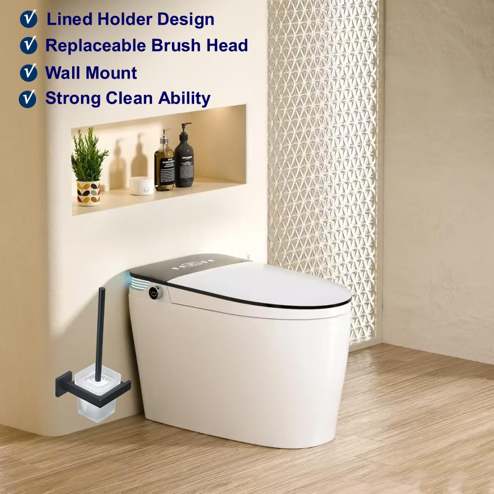 Cepillo WC y Soporte de Pared con Soporte, Negro, Acero Inoxidable 304 y Vidrio Mate para baño
