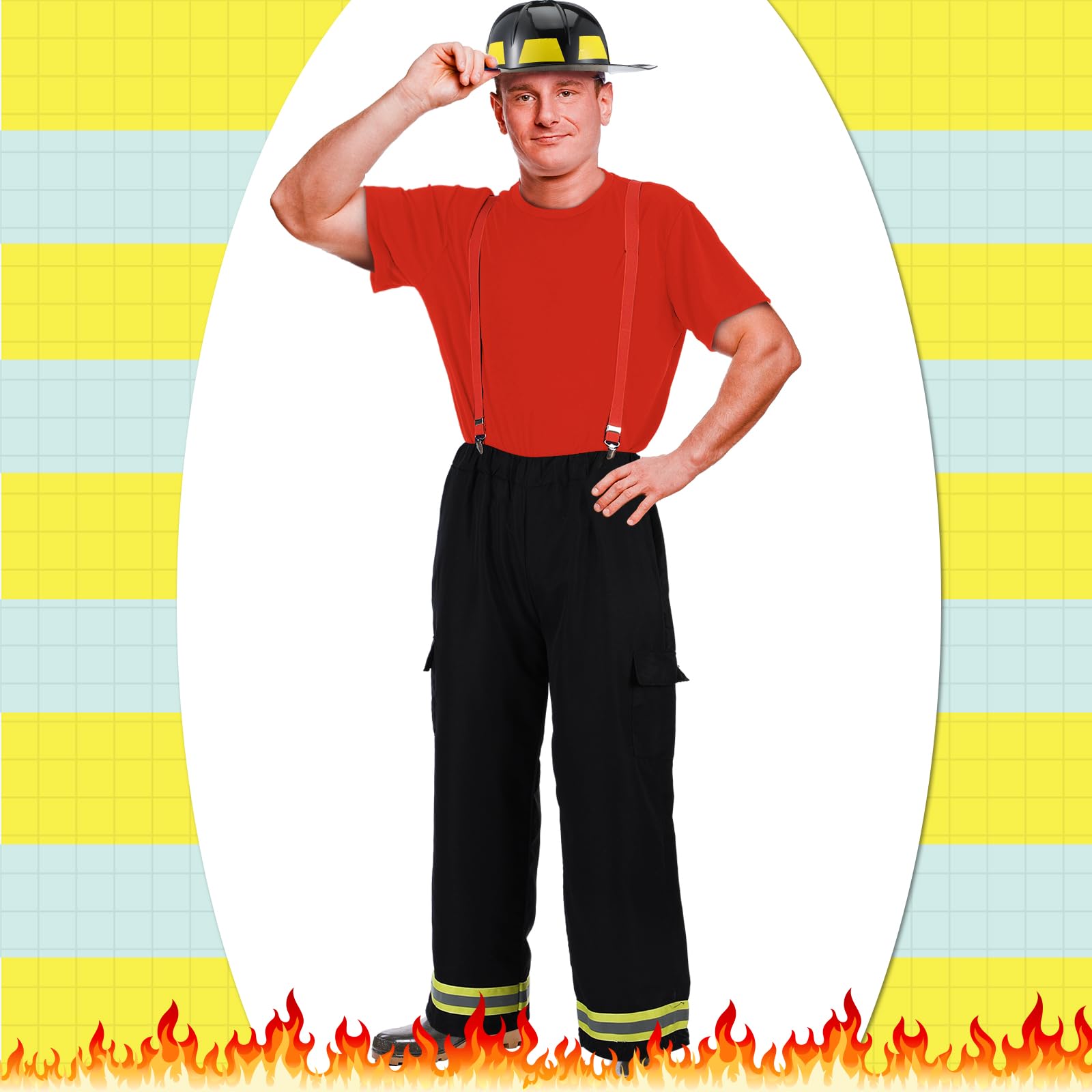 Hicarer Feuerwehrmann-Kostüm für Herren, Feuerwehrmann, Helm, Axt, T-Shirt, Hose mit angenähten Hosenträgern, Halloween, Cosplay, Outfit, 5-teilig
