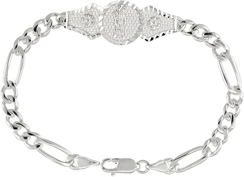 Pulsera de plata de ley Santa Muerte para mujer con eslabones Figaro de 12 pulgada de ancho, disponible 7-8 pulgadas