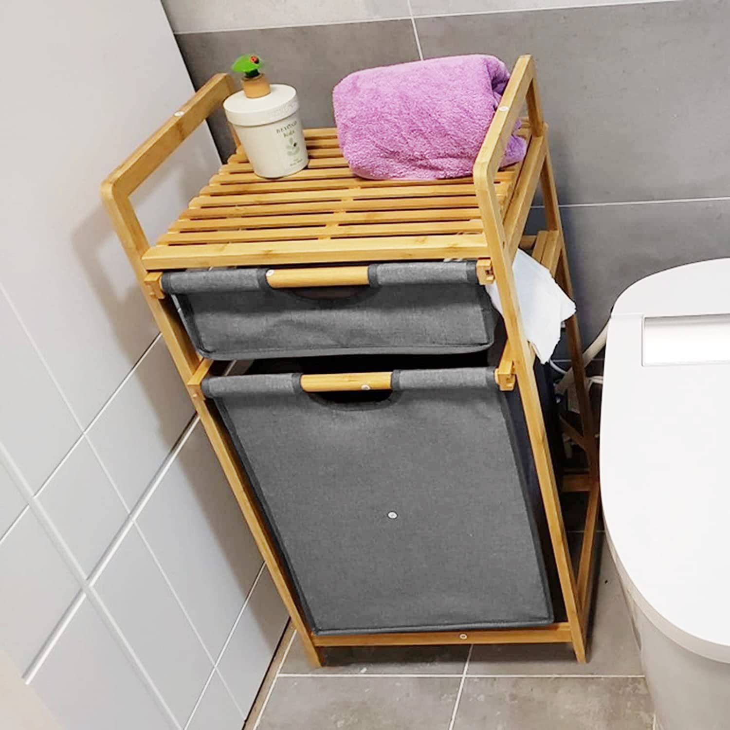 Buy Jorunb Bamboo Laundry Hamper with Dual Compartments TwoSection