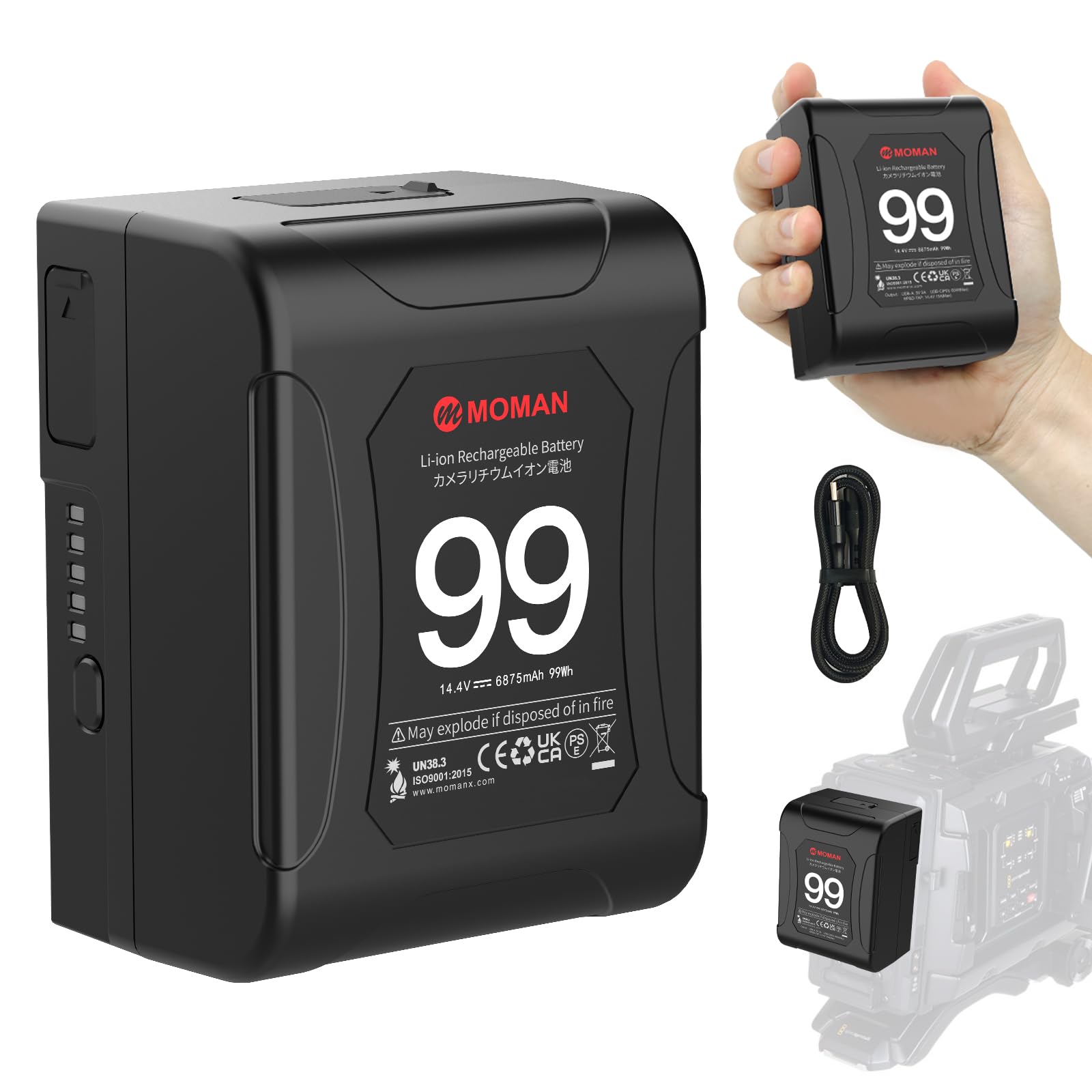 V-Mount Akku, Moman Power99 V-Lock Battery mit Dual D-Tap & 65W PD USB-C Output 99Wh/14.4V 15A 200W Tragbar Klein für Camcorder Blackmagic BMPCC 4K/6K Kamera DSLR Monitor, V-Mount-Akku-Batterie-Mini
