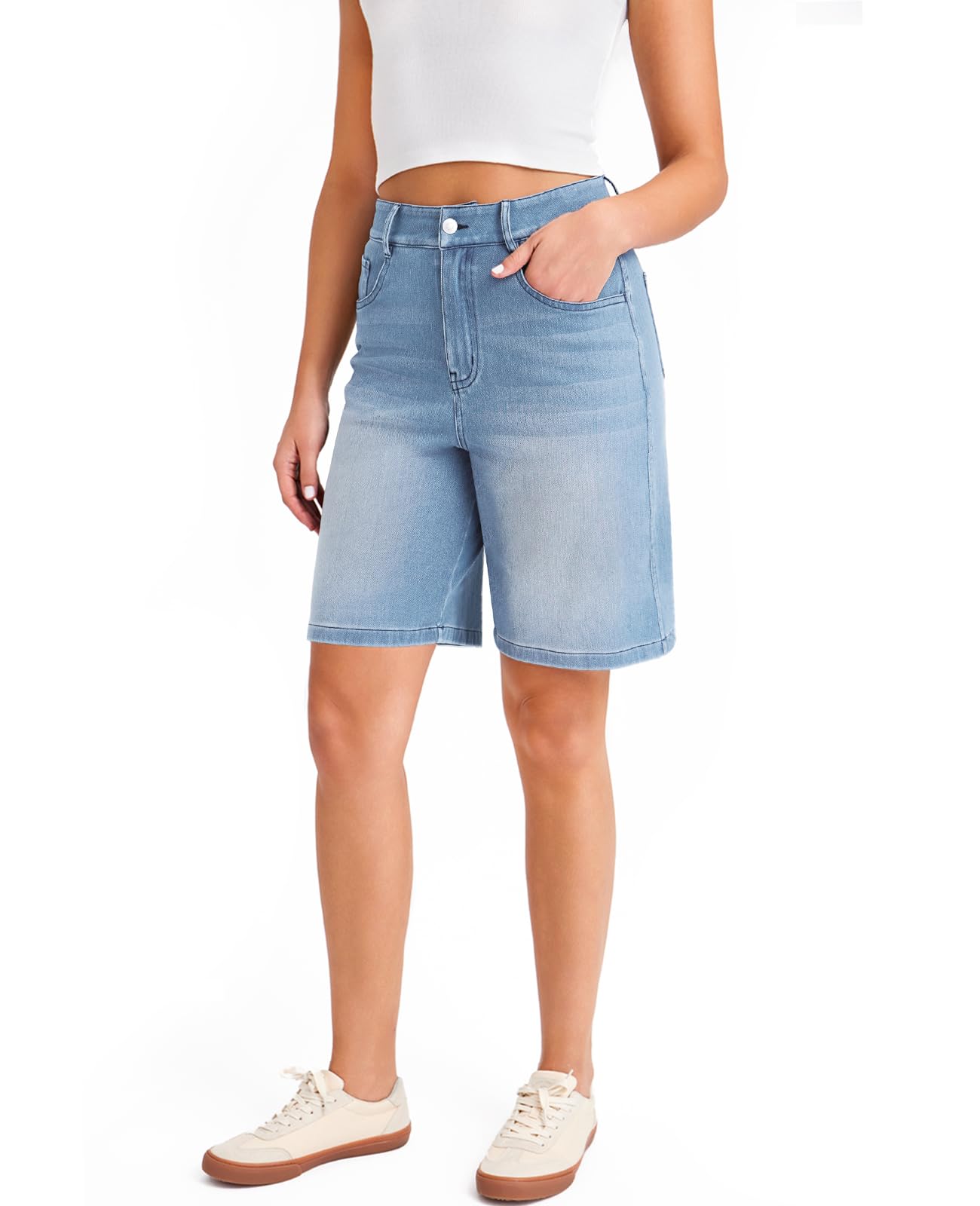 LaiEr Pantaloncini Bermuda da Donna in Denim a Vita Alta Pantaloncini in Jeans Elasticizzati Larghi con Cerniera e Bottone,Lunghezza al Ginocchio,Ideali per Look Sportivi Casual,Fitness,Yoga