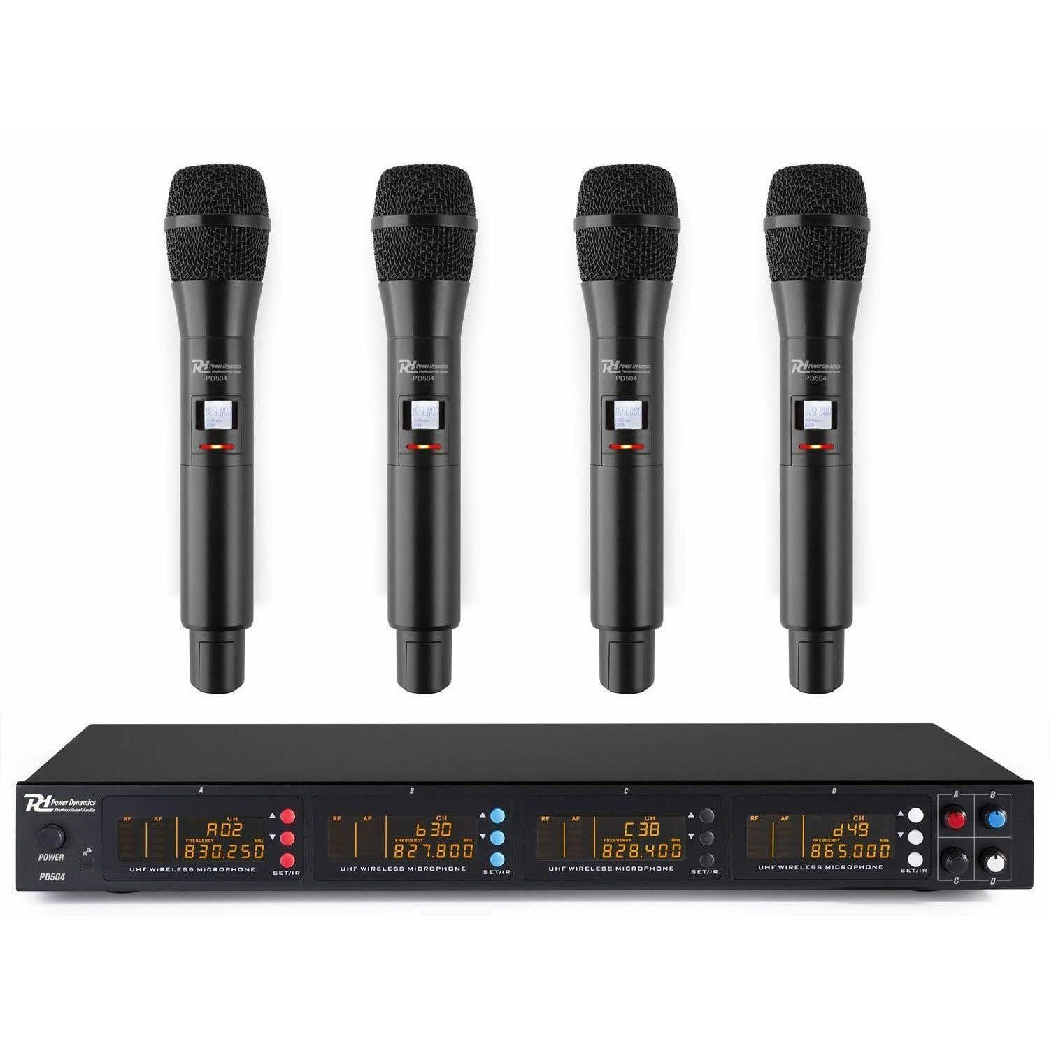 Power Dynamics PD504H - 4 drahtlose Mikrofone und UHF-Verstärker, 4 Kanal Mikrofonset, drahtlos Mikrofone, mit Display und Mute, Handmikrofon, Gesang, Sprache, Show, DJ