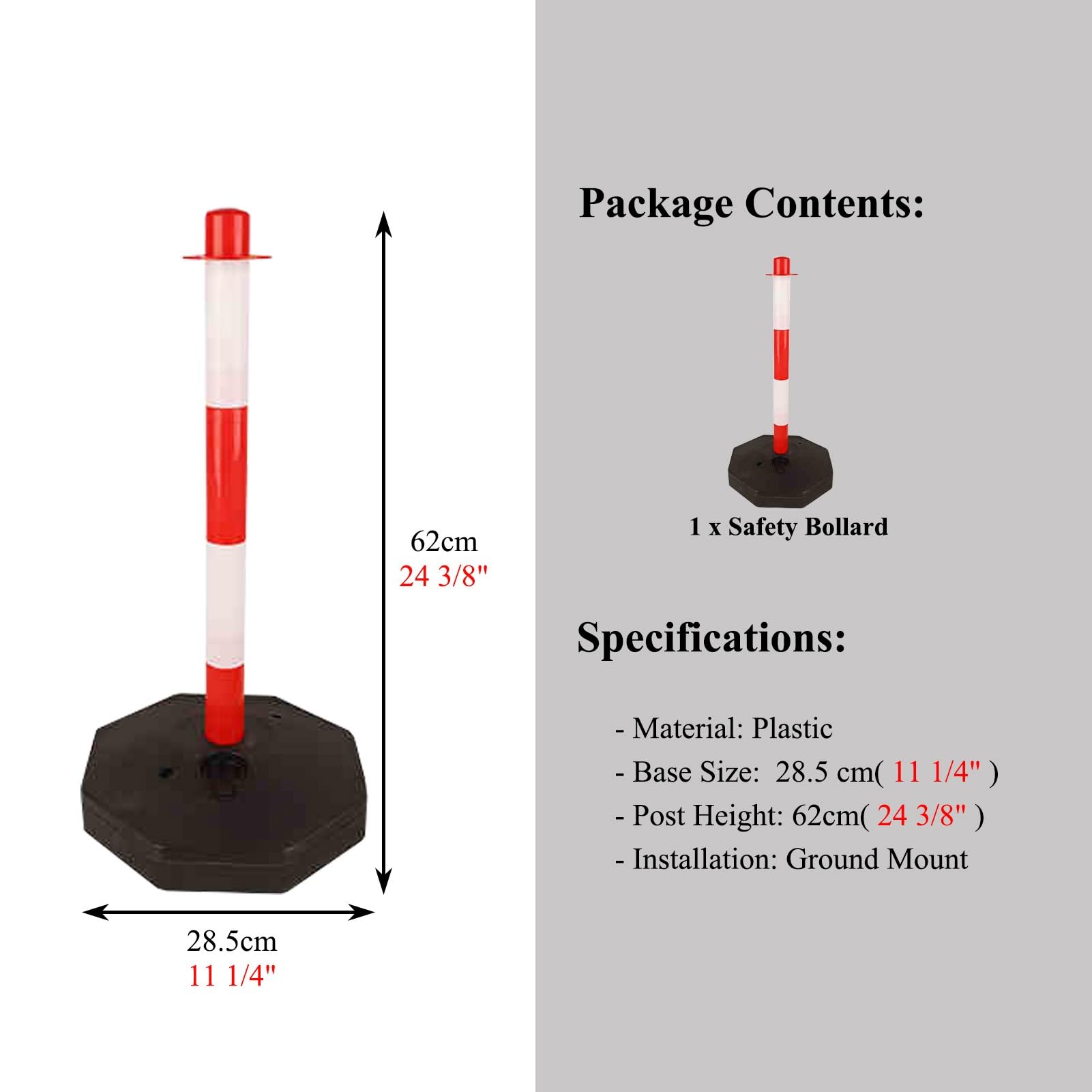 Bolardo de seguridad vial, poste delimitador portátil desmontable con base estable rellenable, conos de seguridad para uso interior y exterior, rojo, 62 cm de alto (24 3/8").