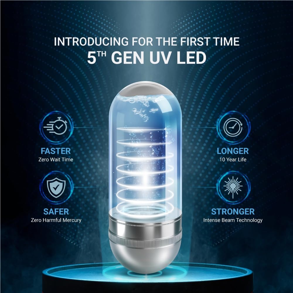 Diagram illustrating the benefits of 5th Gen UV LED technology: Faster (Zero Wait Time), Longer (10 Year Life), Safer (Zero Harmful Mercury), Stronger (Intense Beam Technology).