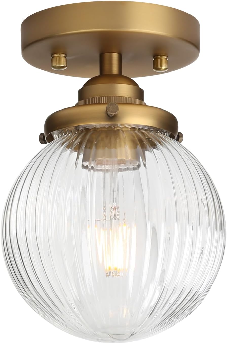 Yosoan 1-Light Indoor Flush Mount Hallway Ceiling Light, Single Modern Hardwired Vintage Industrial Retro Textured Striped Round Shade Farmhouse Lamp for Corridor Kitchen Bathroom Bedroom(Antique)