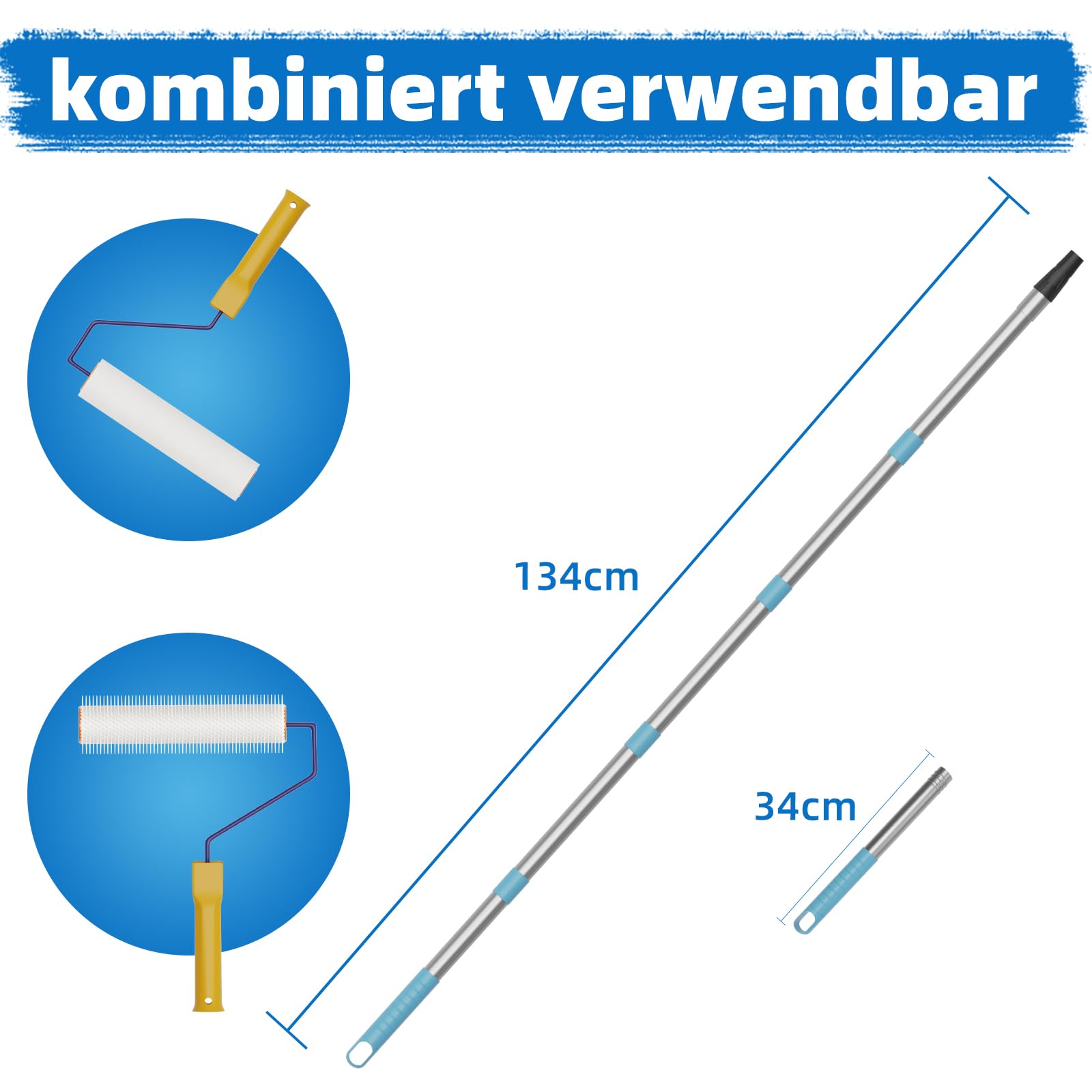 VKE Entlüftungswalze Set für Ausgleichsmasse - Stachellänge 14 mm, Profi Stachelwalze Ausgleichsmasse, 1 Nagelrolle 23 cm, 2 Farbrolle 23cm, Teleskopstange 1,5 m, Nagelschuhe 30 mm-Nur 1 Griff
