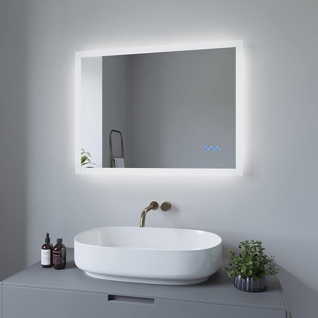 AQUABATOS Lustro łazienkowe z oświetleniem LED, ścienne, energooszczędne, przełącznik dotykowy, możliwość ściemniania, zimna biel 6400 K, ciepła biel, 3000 K, stopień ochrony IP44, CE, 80 x 60