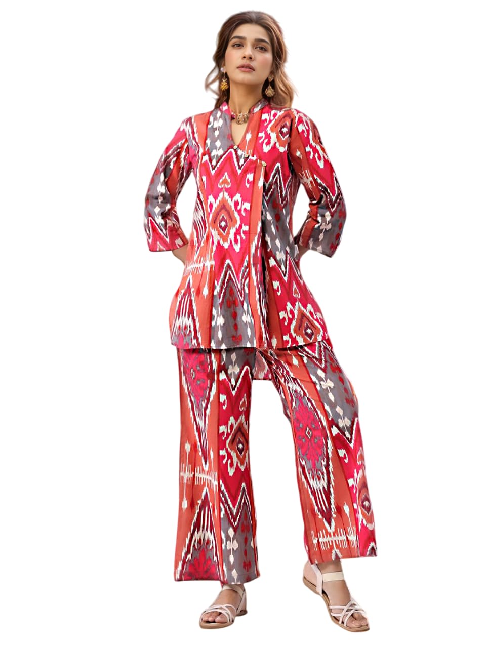 Nainvish Women's Deep Pink Printed Straight Rayon Blend V-Neck Co-Ord Set (Sd723_Kb-Xxl_Deep Pink)