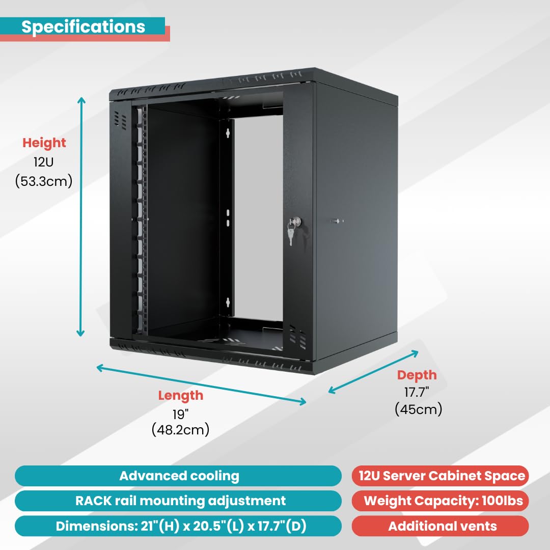 Armario Rack 19 Pulgadas 12U 450mm Standard - Acero de Alta Resistencia - Bastidor y Armario para Equipos de Red - Armario Rack 19 Compatible con Bandeja Rack - Puerta de Cristal