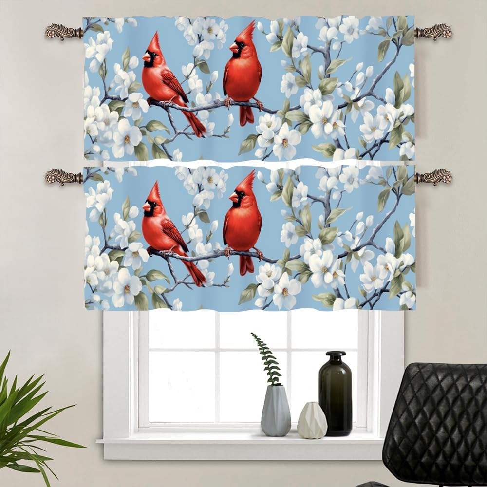 2 Panels Retro Rustic Bird Kitchen Valance Curtains for Windows, Tree Leaf Plant Window Treatment Rod Pocket Drapes Valances for Bathroom, 54" X 18"
