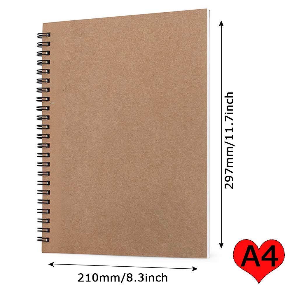 JINLE 2 Pacchi Blocco Note in Bianco A4 Quaderno da Disegno Spiralato,Carta Kraft Quaderno Schizzi Pagine Bianche Perfetto per i Viaggi -100 Pagine, 50 Fogli