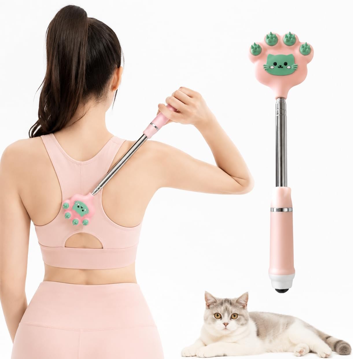 Cat Paw Back Scratcher with Massage Roller Ball, 2-in-1 Extendable Telescoping Back Scratcher for Adults, Cute Portable Scratch & Massage Tool for Neck, Back, Shoulders, Cat Lover Gifts for Women