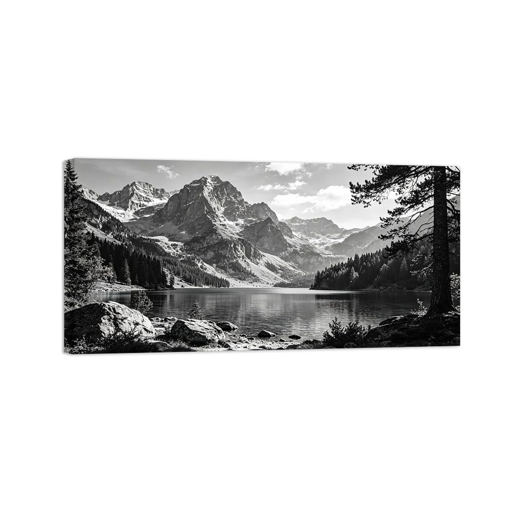 Black White Landscape Wall Art. Mountain Lake 3. Picture 20x40cm Unframed