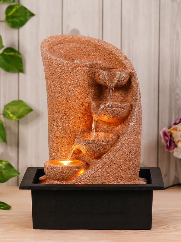 Image of Polyresin Table Top Cream Colour Indoor 3 Designer Steps Waterfall Fountain for Home Decor with Yellow LED Lights & Water Flow Controller Pump (Size: 38 x 29.5 x 22CM | Weight: 1750grm)