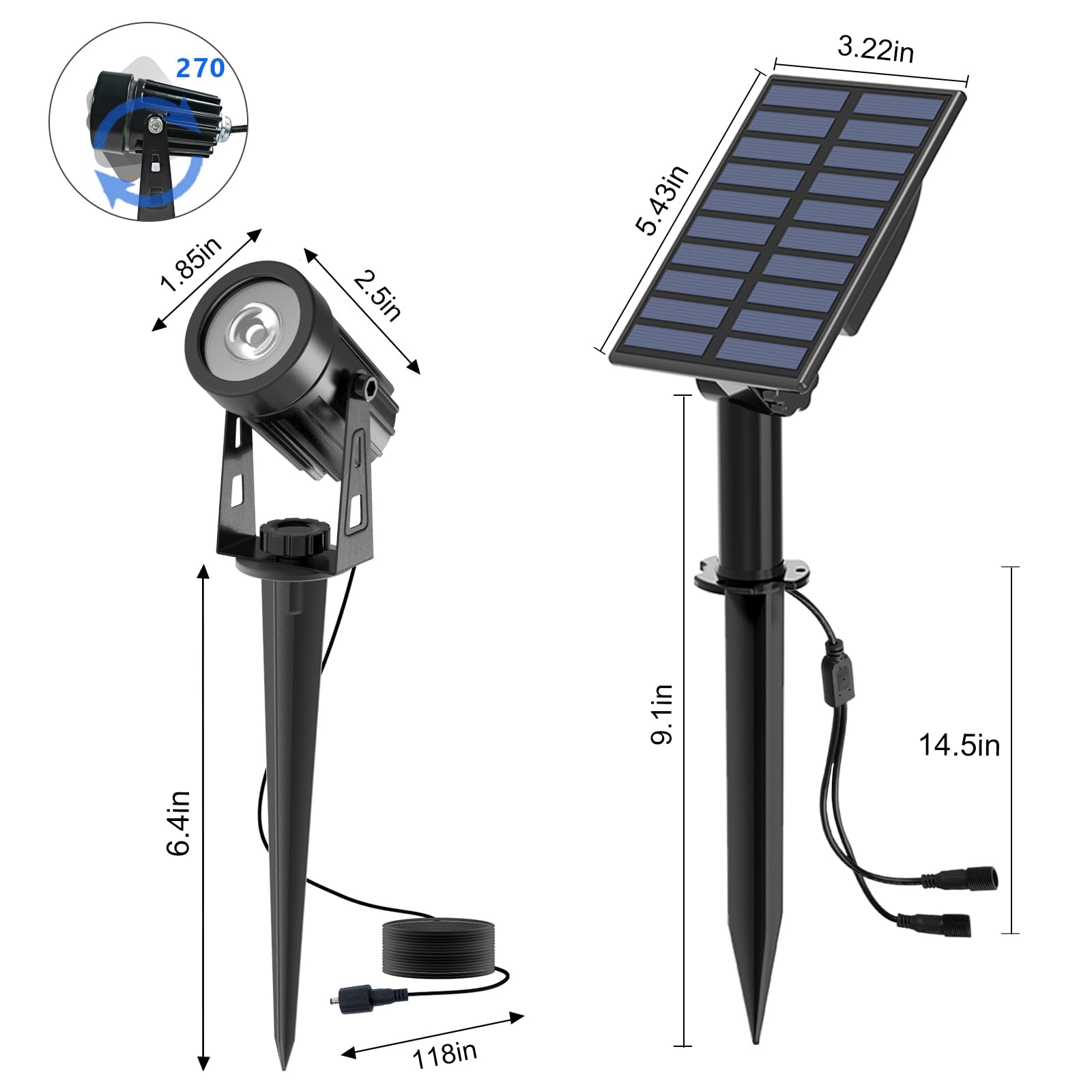 T-SUN Faretto Solare Esterno Lampada da Giardino Solare 2 Modalità di Illuminazione 270 ° Regolabile Impermeabile IP65, Automatico on/off per Alberi, Giardini, Strade, Prati(6000K, 2H)