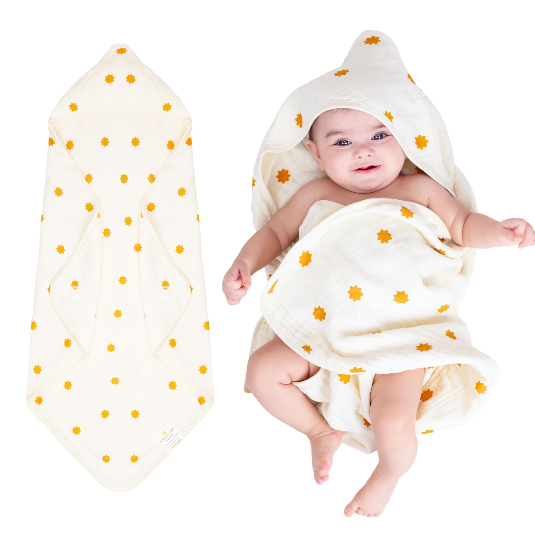 NINTARABABY Hands-Free Hooded Towel - 100% Organic Premium Muslin Cotton, 30" x 30", Ultra-Absorbent, Soft, Breathable, Hypoallergenic, Multipurpose, Gifts for Babies & Infants