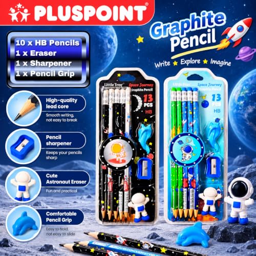 Image of PLUSPOINT 26 Pcs Space Theme 20 Pencils for Kids with 2 erasers 2 sharpeners 2 Grips Astronaut Space Design Perfect for Birthday Classroom and School Supply