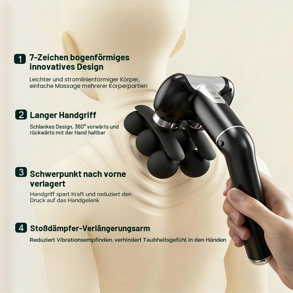 Mehrkopf-Massagegerät, abnehmbare Schlagmassagepistole,massage gun | verlängertem Griff, handgehaltenes RückenmassagegerätTiefengewebemassagegerät, 5 austauschbare Massageköpfe