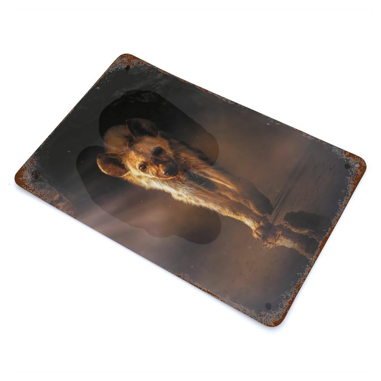 Aged Metal Wall Plaque with Lonely Hyena Design 11.8"x7.9", for Basement, Hobby Room And Garage Decor, Farmhouse Wall Decor