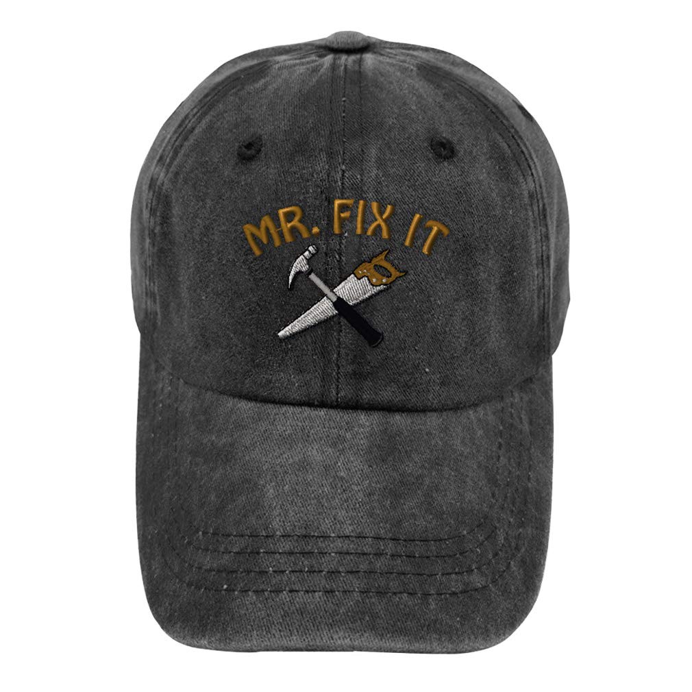 Vintage Washed Hat Mr. Fix It Embroidery Cotton Dad Hats for Men & Women Buckle Closure Black