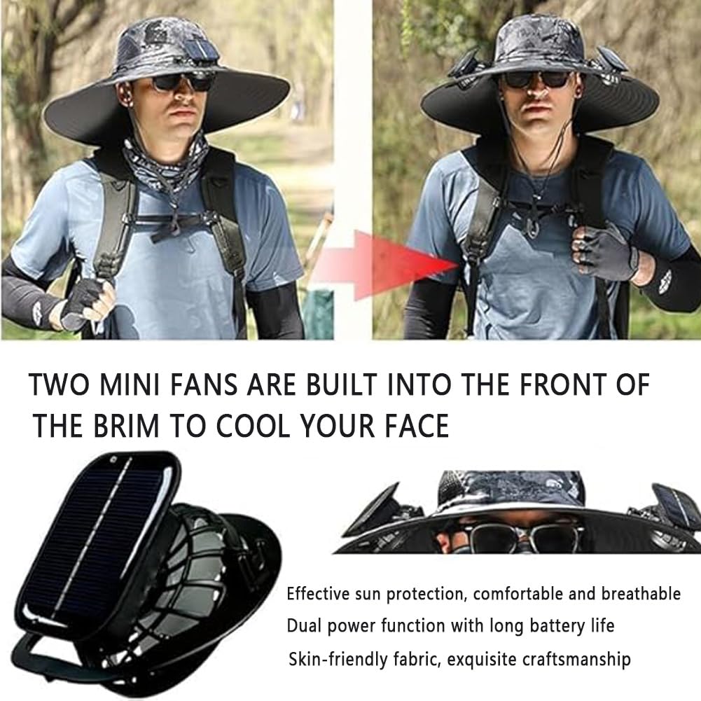 Sombrero de pesca de ala ancha para exteriores con 2 ventiladores solares, impermeable, carga USB, ventilador, protección UV UPF 50+