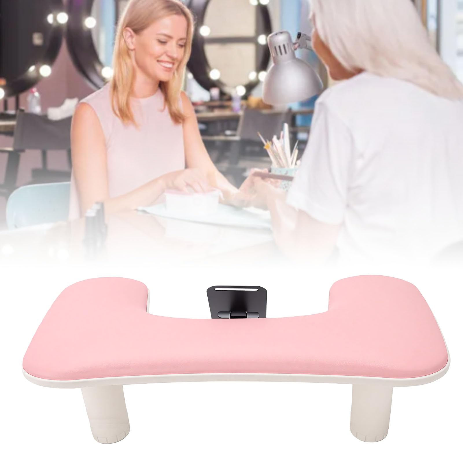 Poggiabraccio per Manicure a Forma di U, Rosa | Supporto per telefono in pelle PU regolabile in altezza, 3 livelli, gambe di bloccaggio regolabili 80 a 150 mm per Nail Tech