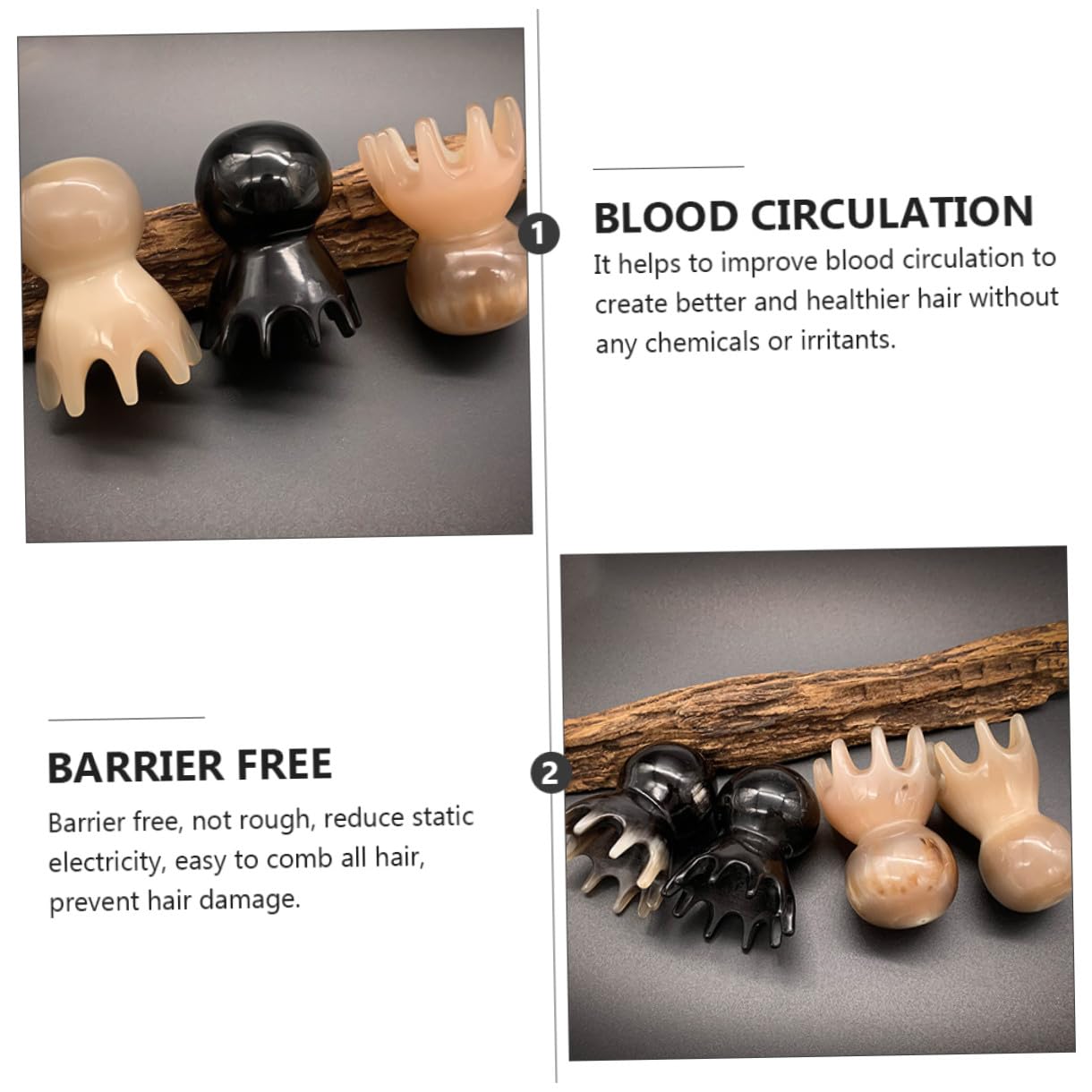2 Piezas Peine de masaje de pulpo peine masajeador de cuero cabelludo de pulpo portátil de bocina de yak hecho a mano de mujer Consumo de bocina Black