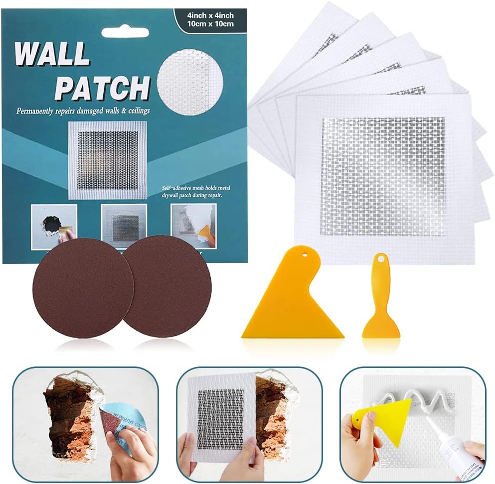 4'' By 4'' Wall Repair Patch, 5 Pcs Plasterboard Patch, Plaster Repair Kit, Safe Mend Plaster, Safe mend Drywall Adhesive, Filler For Walls Ceiling Hole, Self Adhesive Aluminum Mesh Wall Repair