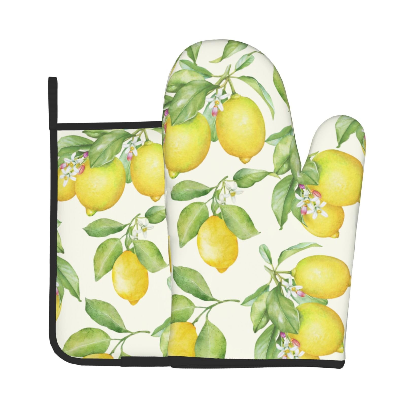 Spring Lemon Oven Mitts and Pot Holders Sets - Cute Botanical Kitchen Mitts Potholders 2 Pack Heat Resistant Beige Vintage Oven Gloves Hot Pads for Kitchen Baking Grilling Party