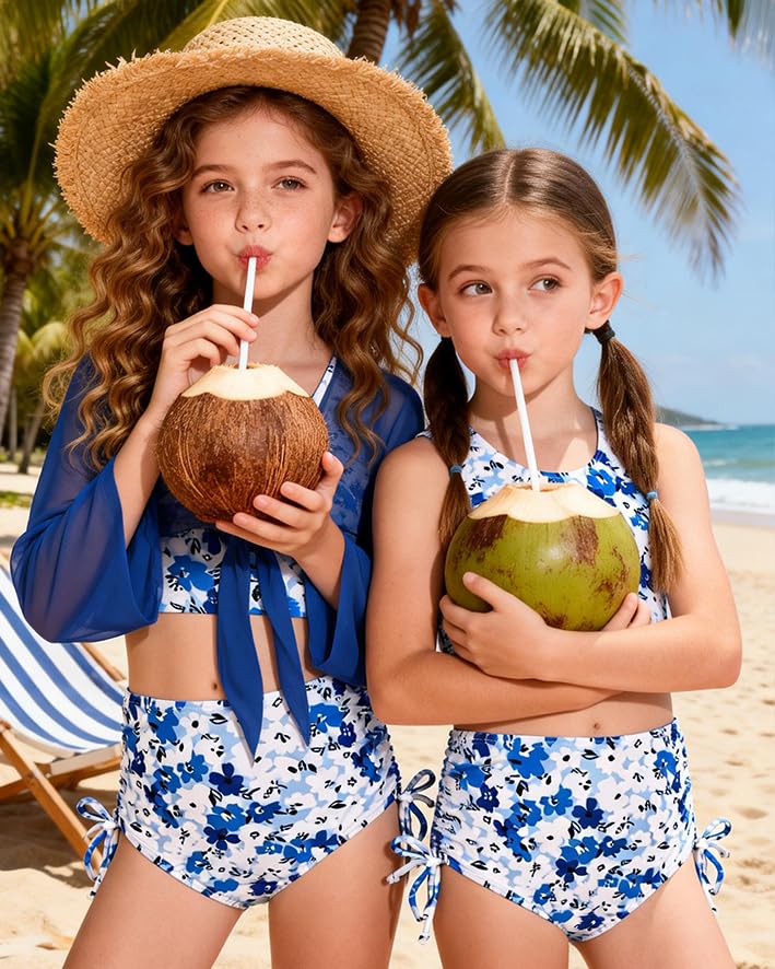 Image of GRACE KARIN Girls Bathing Suit Adjustable Taniki Swimsuit Tie Front 4 Piece Bikini Set with Kimono Cover Up 6-14