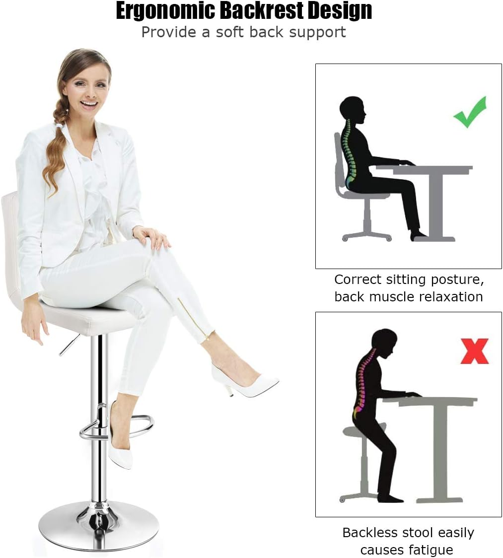 COSTWAY Bar Stool, Modern Swivel Adjustable Height PU Leather Barstools with Back, Square Armless Counter Height Bar Chair for Kitchen Island Dining Living Bistro Pub Counter, White