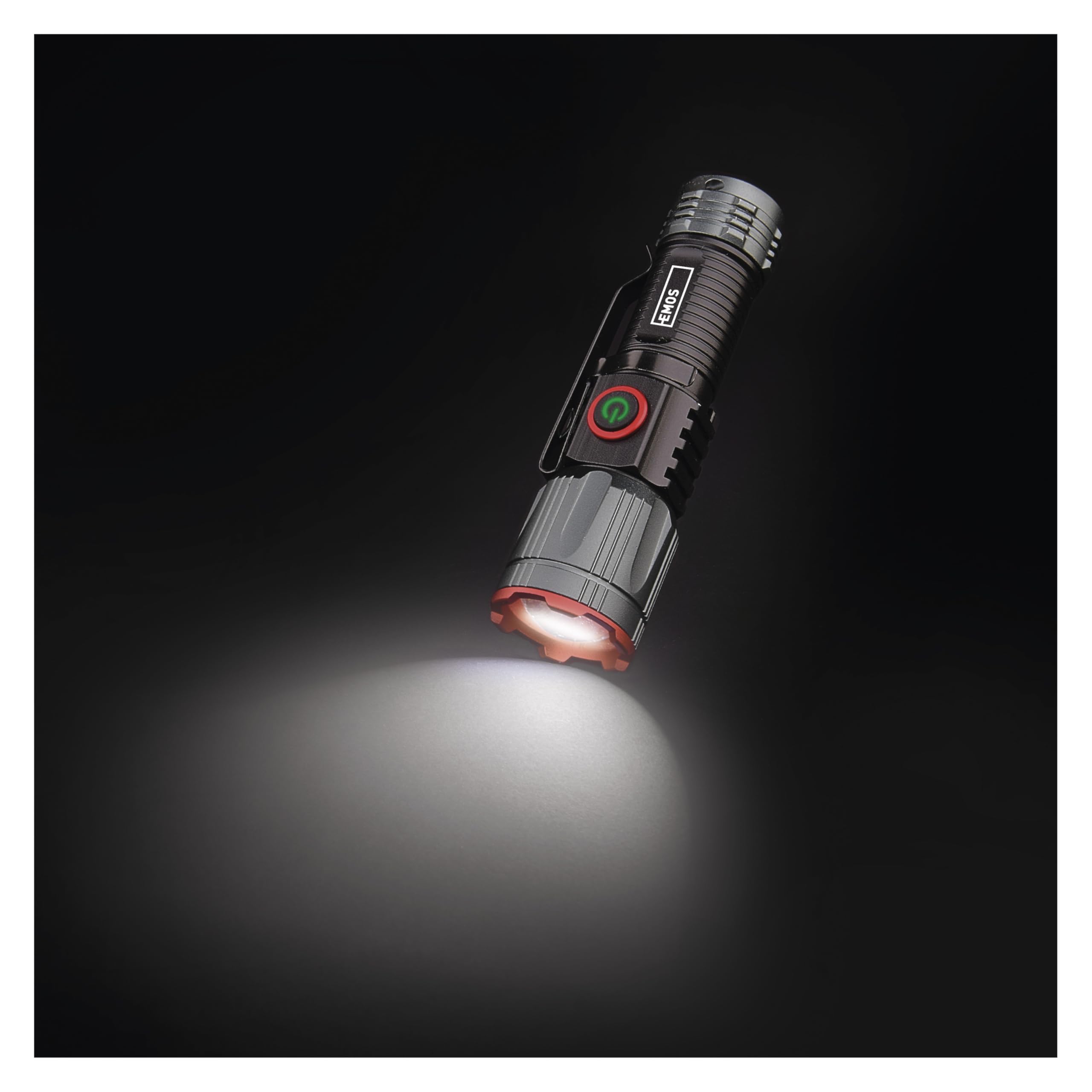 EMOS - LED Metal Torch with Battery, Boost Function and Focus - Rechargeable, Shock-Resistant and Waterproof - Super Bright 300lm, 100m - Clip and Magnet - for Indoor and Outdoor use - Black-Grey