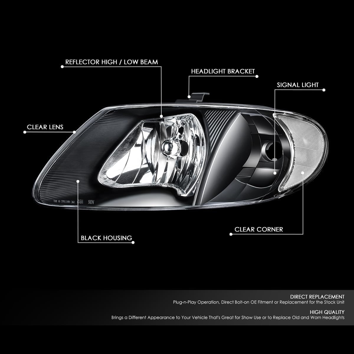 Headlights Compatible With 2001-2007 Chrysler Town & Country, 2001-2007 Dodge Caravan, 2001-2003 Chrysler Voyager
