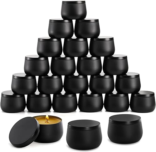 ZENFUN 24 latas de velas negras con tapas, tarros de velas vacías a granel de 8 onzas, recipientes de lata de metal para hacer velas, almacenar