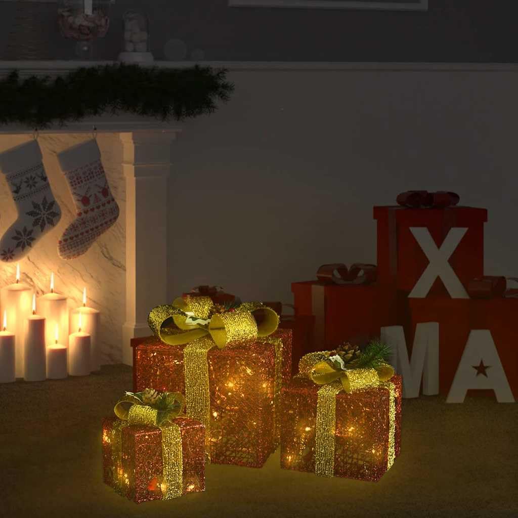 Set di 3 scatole regalo natalizie con illuminazione a LED, scatole luminose decorative per interni ed esterni, 60 LED, 8 effetti luminosi, rosso oro