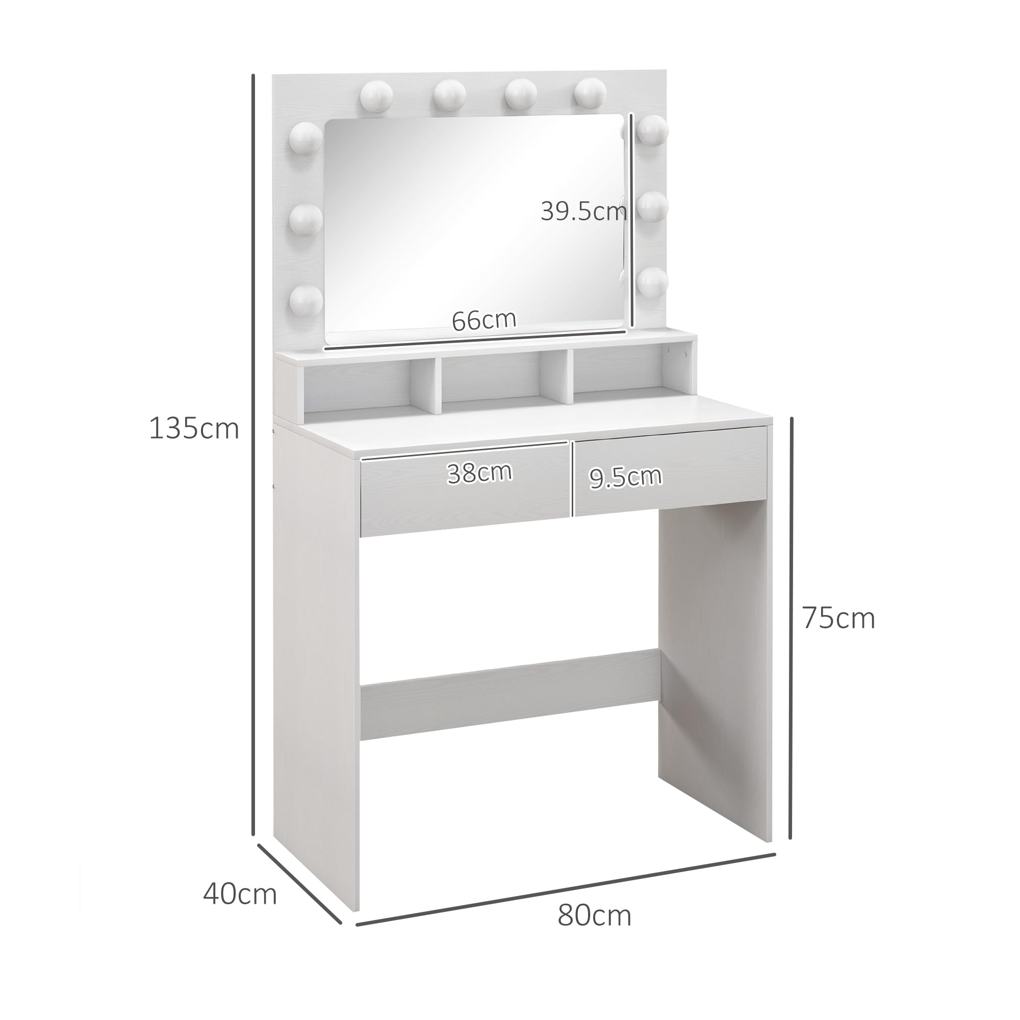 HOMCOM Toeletta Trucco con Specchio e 10 Luci LED Regolabili a 3 Colori, Postazione Trucco con 2 Cassetti e 3 Scomparti, per Camera da Letto, 80x40x135 cm, Bianco