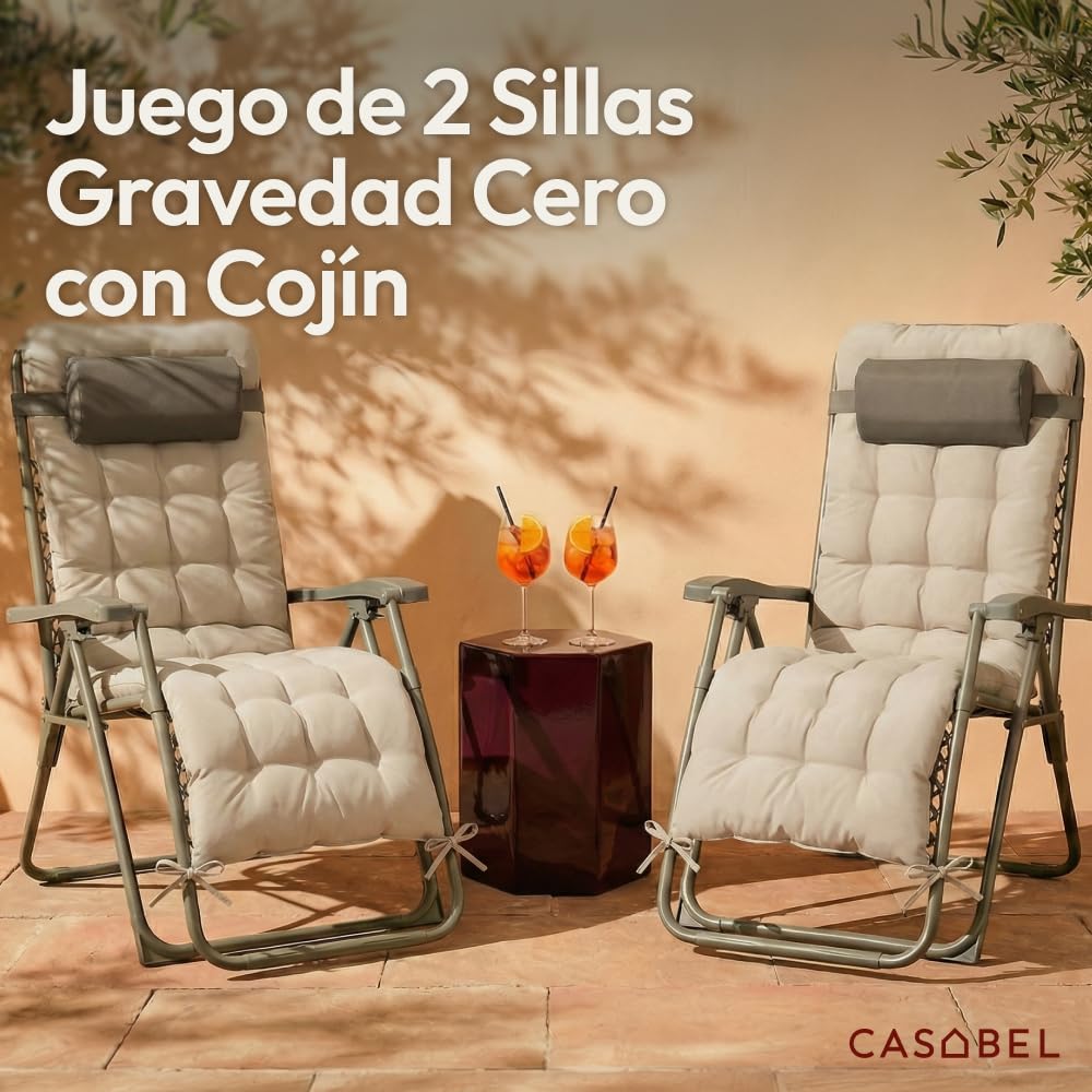 CASABEL Sillon Relax Reclinable, 2 Sillas con Cojin Plegables para jardín, Terraza Exterior o Camping, Silla Plegable Camping con Armazon de Acero y Tejido Textilene Resistente, Color Topo