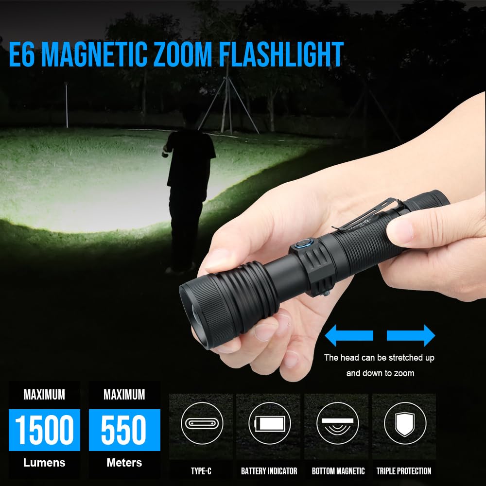 TrustFire E6 Linternas LED Alta Potencia, 1500 Lúmenes Recargable Linternas, 5 Modos de Luz, Zoomable, Linterna de Aluminio Enfoque Ajustable - Ultra Portátil para Ciclismo, Camping, Montañismo etc.
