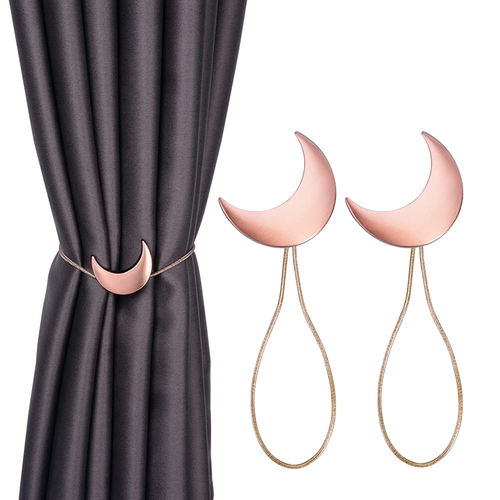INHDBOX Magnetic Curtain Tiebacks Moon Curtains Loops Curtain Clips Rope Back Curtain Holder Buckles Curtain Binder Curtain Holder for Home Decoration Pack of 2 (Rose Gold)