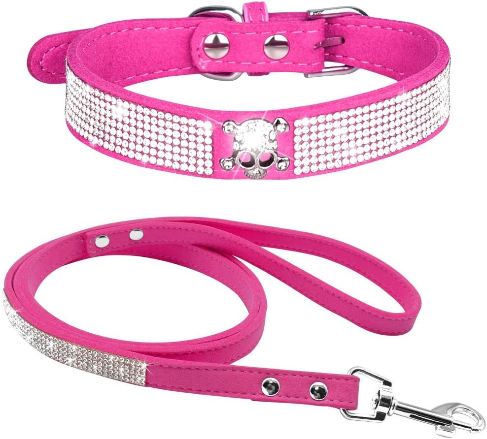 Cute Dazzling Sparkling Elegant Fancy Soft Suede Leather Bling Rhinestone Crystal Jeweled Pet Cat Dog Puppy Collar Dog Leash Combo Set (L(Neck 15-18"), Pink)