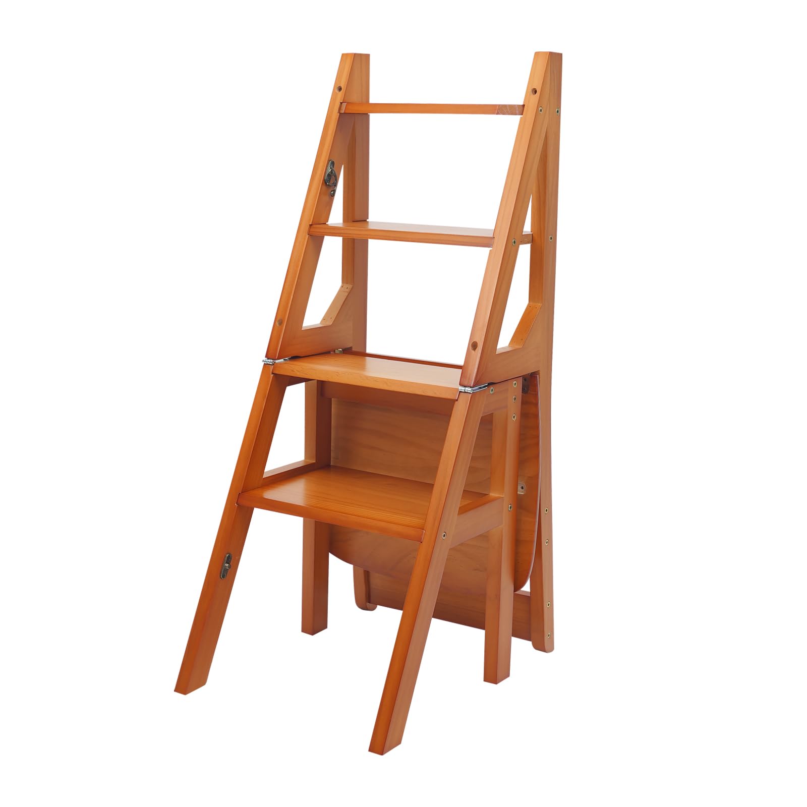 4 Step Folding Ladder Chair Convertible Stool Wooden Ladder Chair Folding Stool Multifunctional Ladder 100kg Load Capacity for Bedroom Pantry Balcony