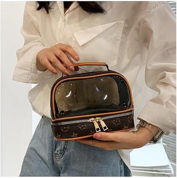 Cosmetic Makeup Bag Zipper PU Leather Large Clear Makeup Bag Double Layer Travel Makeup Bag Case with Makeup Brush Bag Travel Essentials Organizer Toiletry Bag for Women Girls, Braun, M