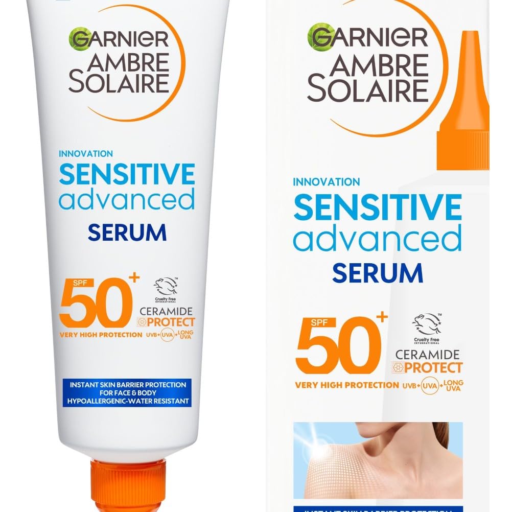Garnier Ambre Solaire SPF 50+ Sun Protection Serum Face & Body, Non-Sticky, Non-Greasy Fluid Texture, No White Cast, Sensitive Advanced, 125 ml