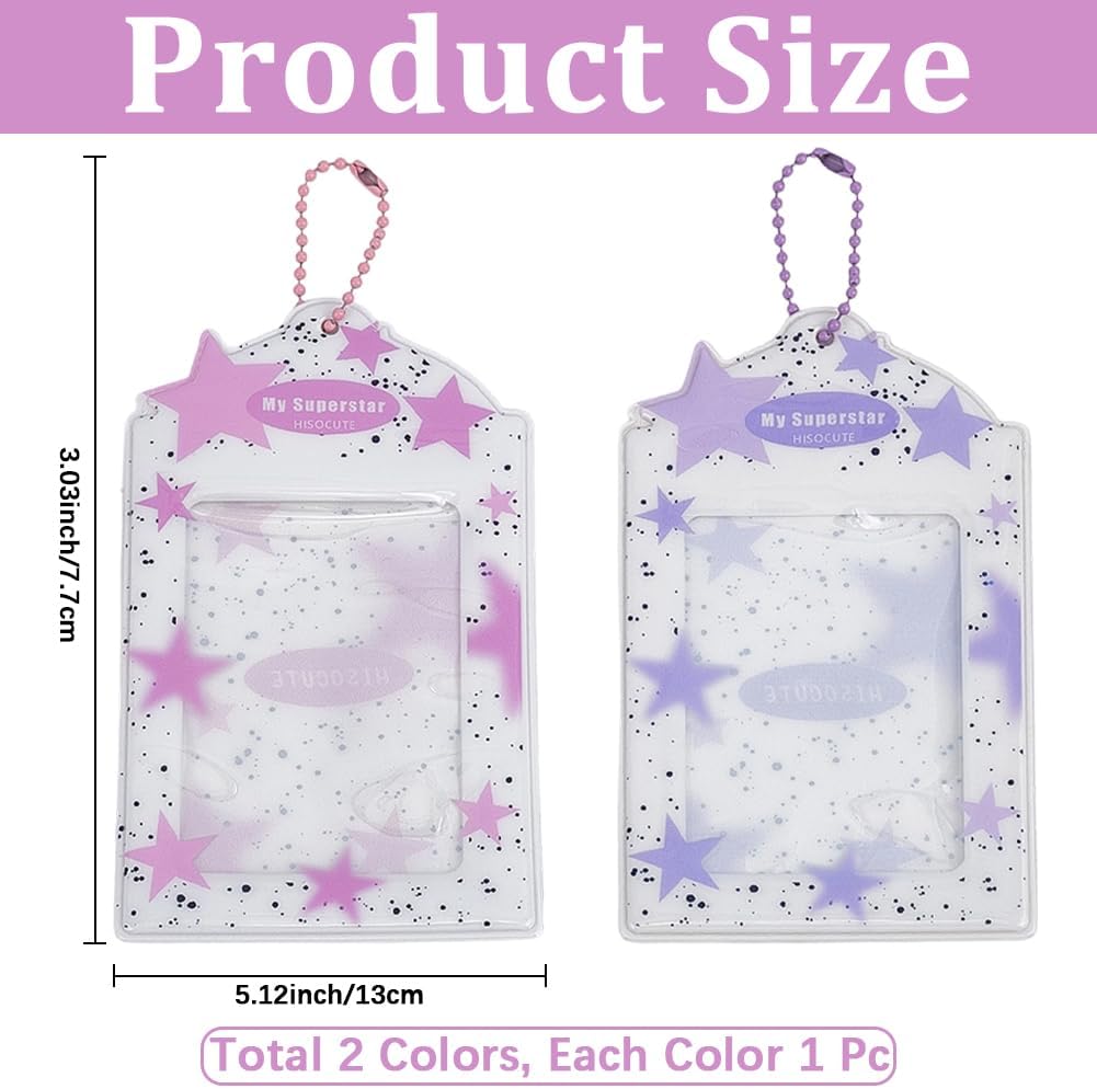 2Pcs 2 Colors Star Kpop Photocard Holders PVC 3 Inch Hanging Card Protector Sleeve Cute Rectangle Name Card Holder Keychain with Ball Chain for Picture Photo Album Idol Credit ID Bank