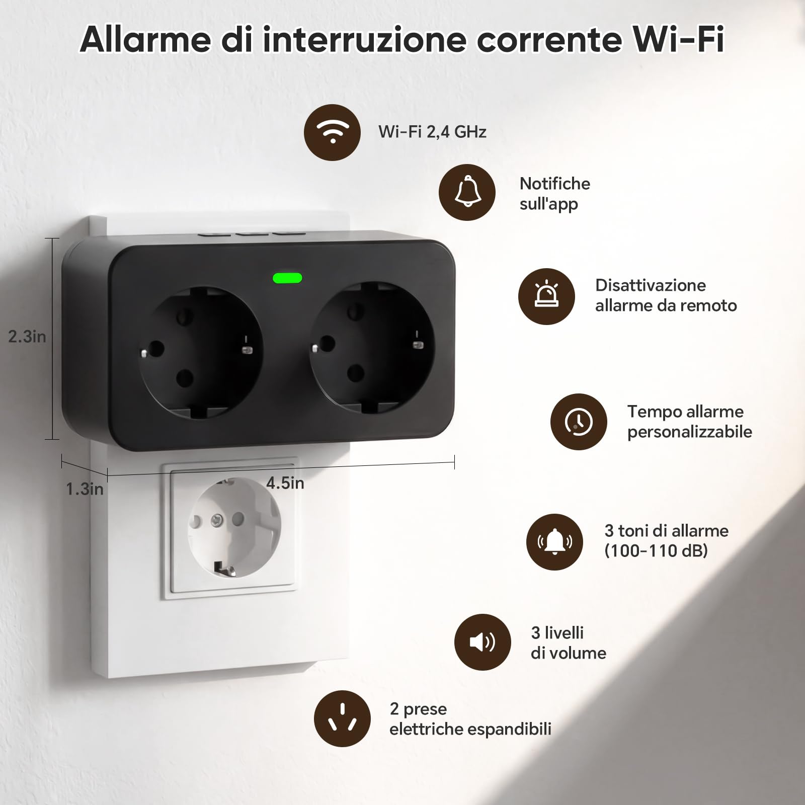 Rilevatore Interruzione Corrente WiFi con App Tuya&Smart Life, Allarme Mancanza Alimentazione 110dB con Silenziamento Remoto, 3 Suonerie / 3 Volume, Avviso Mancanza Corrente per Frigorifero