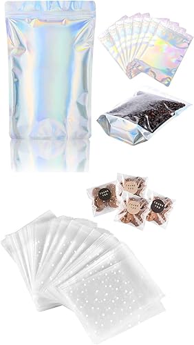 NPLUX 100 bolsas holográficas de Mylar y 200 bolsas autoadhesivas para galletas, bolsas de celofán para regalo con calcomanías