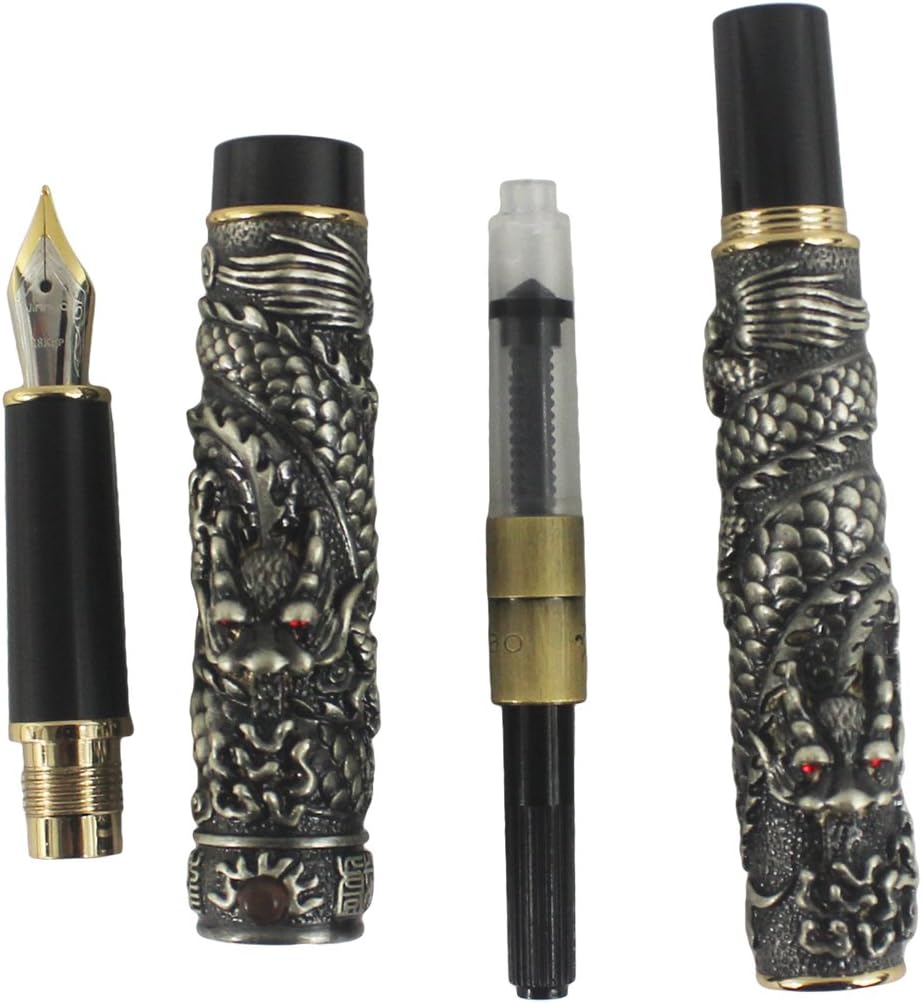 Slim Double Dragon 3D Carved Fountain Pen, Ancient Silver