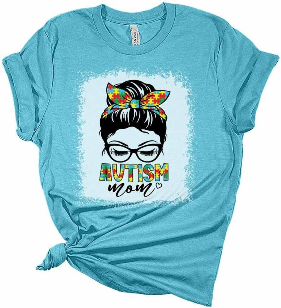 GyftWearWomens Autism Awareness Shirt Cute Mom Messy Bun T-Shirt Casual Graphic Tee Short Sleeve Top